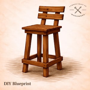 May include: A wooden bar stool with a backrest, constructed from stained wood. The stool features a square seat and a back with two horizontal slats. The legs are sturdy and angled, connected by a footrest. The text "DIY Blueprint" is at the bottom.