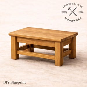 May include: A small, rectangular wooden step stool with a natural finish. The stool has four sturdy legs and a simple, classic design. The Lumber Craft Co. logo is visible in the upper right corner, along with the text "DIY Blueprint".