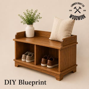 May include: A medium-brown wooden shoe storage bench with two open compartments, featuring a beige throw pillow on top and a small potted green plant. The text "LUMBER CRAFT CO ESTD 2026 WOODWORK" and "DIY Blueprint" are visible in the image.