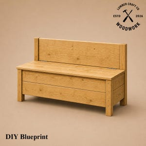 May include: A wooden bench with a backrest and storage compartment. The bench is made of light-colored wood and features a slatted design. The text "DIY Blueprint" is at the bottom of the image, and the Lumber Craft Co. logo is at the top right.