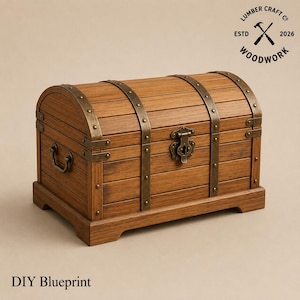Puede incluir: Un cofre de madera con tapa abovedada, reforzado con bandas y herrajes metálicos. El cofre tiene cerradura y asa, con el texto "DIY Blueprint" en la parte inferior. El logotipo de Lumber Craft Co. está en la esquina superior derecha.