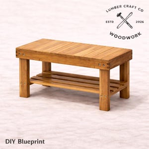 May include: A small, rectangular wooden bench with a slatted top and a lower shelf. The bench is made of light brown wood and has a simple, minimalist design. The text "Lumber Craft Co. Woodwork" is in the upper right corner, and "DIY Blueprint" is at the bottom.