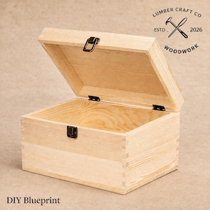 Puede incluir: Una caja de madera de color claro con tapa con bisagras, abierta para revelar el interior. La caja presenta un cierre y bisagras de metal. El texto "Lumber Craft Co. Estd. 2026 Woodwork" está impreso en la parte superior derecha. El texto "DIY Blueprint" está impreso en la parte inferior izquierda.