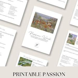 Könnte beinhalten: Eine Sammlung druckbarer Studienführer für die Karwoche, mit Landschaftskunst und handgeschriebenen Schriftarten. Die Führer enthalten Text und Bilder, mit dem Titel "Passion Week". Am unteren Rand des Bildes steht "Printable Passion Week Study Guide" und "Digital Files".