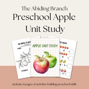 May include: A preschool apple unit study educational packet featuring three pages. The cover displays a red and green apple on a checkered background with the text Apple Unit Study. Other pages show black and white apple illustrations and math.