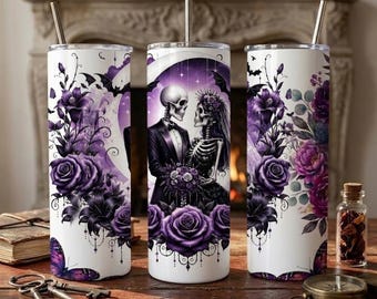 Gothic Skeleton Couple Tumbler Wrap | Purple Floral Dark Romance Sublimation Design (PNG)