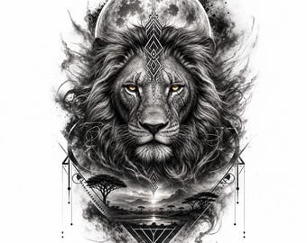 Mystic Lion PNG, Moon Sublimation Design, Black White Clipart, Spiritual Tattoo Art (Digital Download)