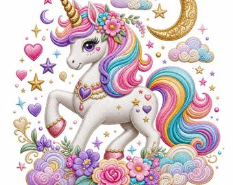 Fantasy Unicorn Embroidery Design, Rainbow Floral Wall Art (Digital Download)