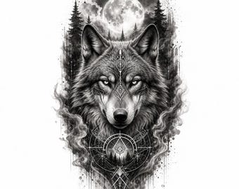 Mystic Wolf Moon PNG | Gothic Tattoo Design, Dark Forest Clipart (Digital Download)