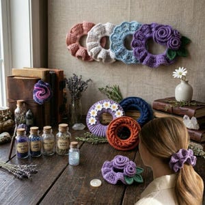 Puede incluir: Una colección de coleteros de ganchillo en varios colores, incluyendo rosa empolvado, blanco, azul claro, morado y naranja. Algunos presentan adornos florales y hojas verdes. Sobre la mesa hay frascos de vidrio con cuentas y lavanda seca.