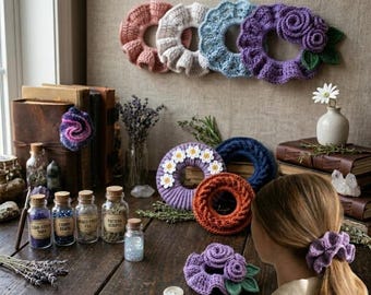Crochet Floral Scrunchie Pattern Bundle | Boho Hair Tie, Ring Decor (PDF Download)