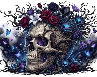 Gothic Schädel Blumen Bündel PNG | Dark Fantasy Art, Lila Rosen, Raben (Digitaler Download)