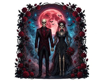 Gothic Skeleton Wedding PNG | Dark Romance Skull Couple Clipart (Digital Download)