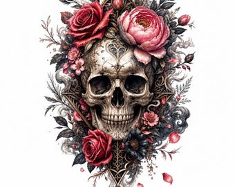 Dark Floral Skull PNG, Gothic Roses Clipart, Vintage Skeleton Art (Digital Download)