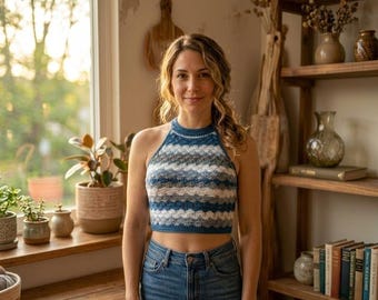 Crochet Halter Top Pattern PDF, Striped Summer Crop Top Tutorial (Digital Download)