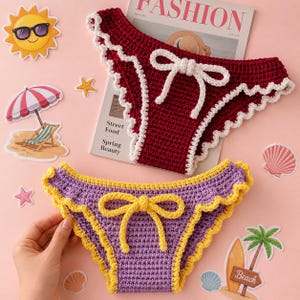 May include: Two pairs of crochet bikini bottoms. One pair is deep red with white scalloped trim and a white centre bow. The other pair is light purple with yellow scalloped trim and a yellow centre bow. Both feature a textured knit construction.
