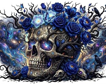 Blaues Galaxy Gothic Schädel PNG Bundle | Dark Fantasy Blumenkunst (Digitaler Download)