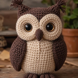 May include: A handmade crochet owl in brown and beige. The owl features large, round eyes with black pupils and golden irises. The wings and feet are a darker brown, and the body is beige. The owl is positioned on a wooden surface.