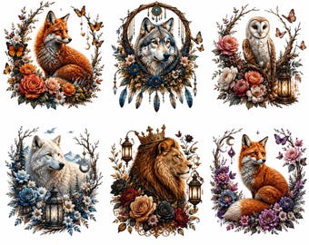 Fantasy Animal Clipart Bundle | Boho Mystic Fox, Wolf, Owl, Lion Floral Art (PNG)