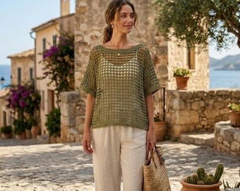 Crochet Mesh Top Pattern PDF, Boho Summer Top Tutorial, Handmade Crochet Blouse, Beach Cover Up Top, Women Crochet Shirt DIY