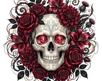 Adesivo para copo térmico com estampa floral de caveira gótica em PNG | Design rosa escuro para sublimação (Download digital)
