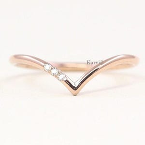 14K Rose Gold Chevron Diamond Wedding Band, Delicate Stacking Ring
