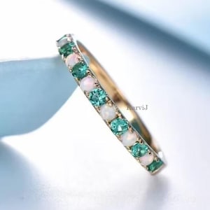 14k Yellow Gold Opal Emerald Half Band: Round Stacking Engagement Ring, May Birthstone