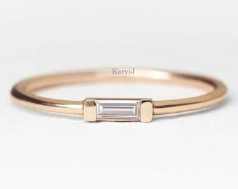 Solid Gold Baguette Ring, Labor gewachsen Diamant Solitär zierliche Versprechen Ring