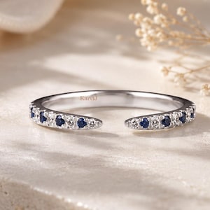 Anillo abierto de plata de ley con zafiros y diamantes – Anillo apilable para bodas