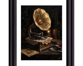 Vintage Gramophone Still Life Art Print, Moody Impressionist Music Decor