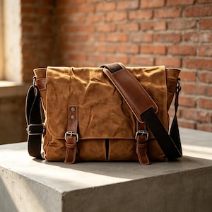 Könnte beinhalten: Braune Messenger-Tasche mit Canvas-Korpus und Lederdetails. Die Tasche hat einen Klappverschluss mit zwei Schnallen, einen Schultergurt und einen oberen Griff. Sie steht auf einer Betonoberfläche vor einer Backsteinmauer.