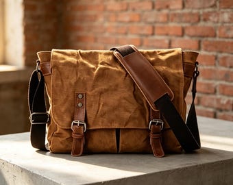 Handmade Waxed Canvas Leather Messenger Bag, Vintage Crossbody Satchel, Laptop Bag