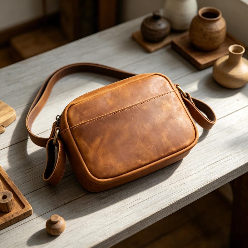 Puede incluir: Bolso bandolera de cuero marr&oacute;n con una correa larga. El bolso tiene forma rectangular con esquinas redondeadas y un bolsillo frontal. El cuero tiene un aspecto envejecido. El bolso est&aacute; sobre una superficie de madera clara.