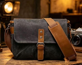 Bolso bandolera vintage de lona encerada para cámara, bandolera desmontable con múltiples bolsillos para DSLR, regalo para fotógrafos.