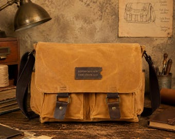 Bolso bandolera vintage de lona encerada, maletín para portátil de hombre, resistente al agua, ideal para desplazamientos diarios.