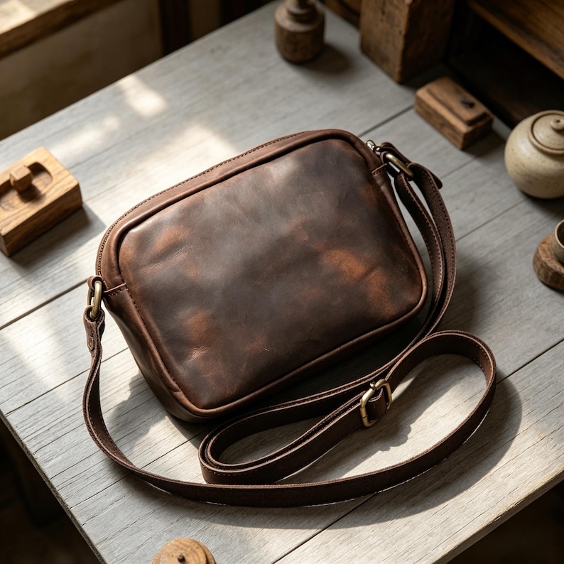 Puede incluir: Un bolso bandolera de cuero marr&oacute;n con forma rectangular y una correa larga y ajustable. El bolso tiene cierre de cremallera y herrajes de color lat&oacute;n. El cuero presenta un aspecto envejecido, con variaciones de color y textura.