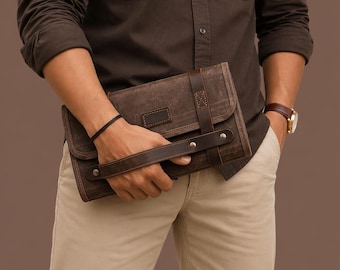 Vintage Crazy Horse Leather Clutch dla mężczyzn – oryginalna skórzana torebka z zapięciem na haftkę i klamrę