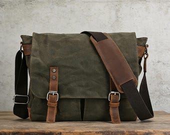 Handmade Waxed Canvas Leather Messenger Bag, Vintage Crossbody Satchel, Laptop Bag
