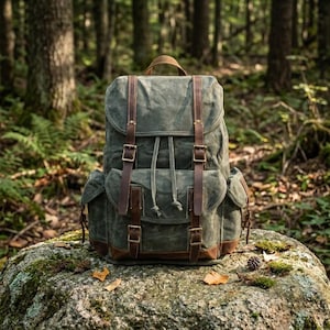 Pode incluir: Uma mochila de lona verde com alças e detalhes em couro castanho. A mochila tem vários bolsos, um fecho de cordão e alças ajustáveis. Está colocada numa rocha coberta de musgo numa floresta.