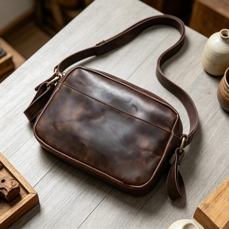 Puede incluir: Un bolso bandolera de cuero marr&oacute;n con una correa larga ajustable. El bolso tiene forma rectangular con un bolsillo frontal y herrajes dorados. El cuero tiene un aspecto envejecido y texturizado.