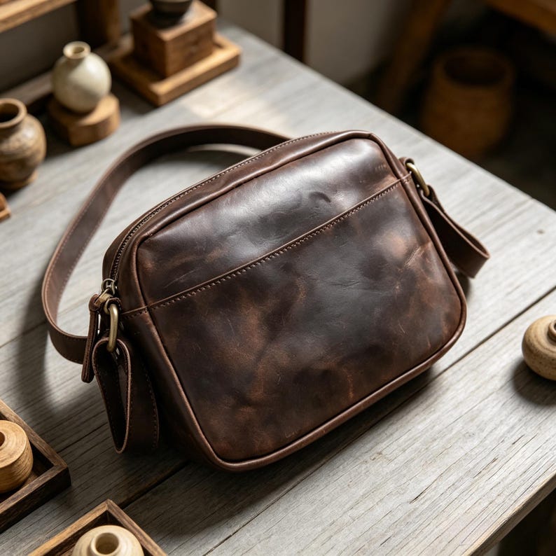 Puede incluir: Un bolso bandolera de cuero marr&oacute;n con una correa larga ajustable. El bolso tiene forma rectangular con un bolsillo frontal y cierre de cremallera. El cuero tiene un aspecto envejecido con variaciones de color.