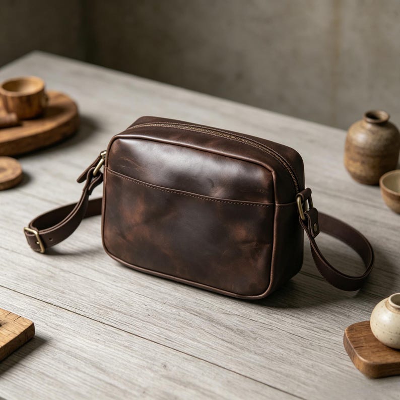 Puede incluir: Un bolso bandolera de cuero marr&oacute;n oscuro con forma rectangular y una correa larga ajustable. El bolso tiene un cierre de cremallera y un bolsillo frontal. El cuero tiene un acabado envejecido y los herrajes son dorados.