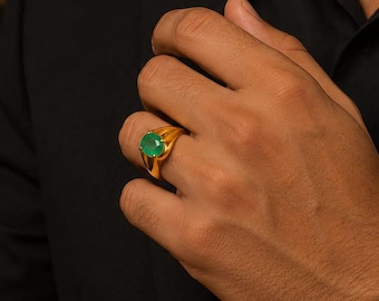 Natural Oval Emerald Gemstone Ring, Gold Plated Silver Engagement Ring, Gift For Him