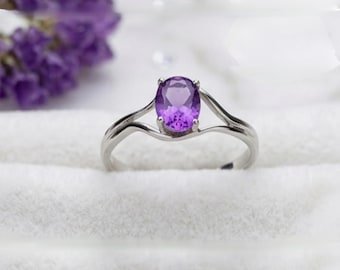 Natürlicher Amethyst Ring, Silber Oval Lila Stein, Februar Birthstone, handgemachter Schmuck, Geschenk für sie