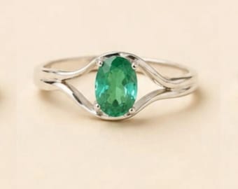 Lab Created Emerald Ring, 925 Sterling Silver Oval Gemstone , May Birthstone, Gift For Her