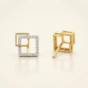 Orecchini a lobo da donna in argento sterling 925 con zirconi, placcati oro, placcatura in oro bianco, motivo geometrico.