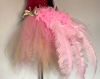 Pink Gold Ostrich Feather Burlesque Bustle