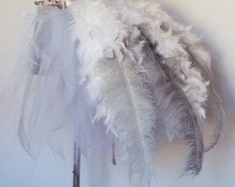 White Silver Grey Ostrich Feather Burlesque Bustle