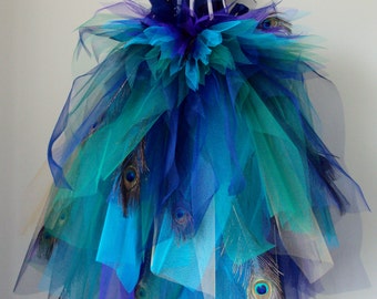 Französischer Marine Blau Lila Pfauenfedern Burlesque Tutu Tournüre Gürtel größe 4 -10 US 6 -12 U.K.