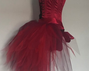 Red Peacock Feather Red Burgundy Burlesque Bustle  This bustle has Peacock  feathers mixed between layers of tulle.